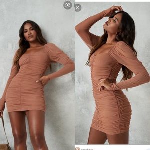 Missguided Tan Ruched Mini Dress